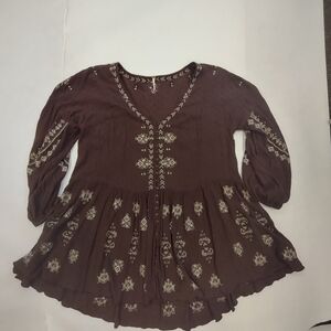 Free People Top Women’s Medium Arianna Tunic Bark Brown Embroidered Boho Flowy